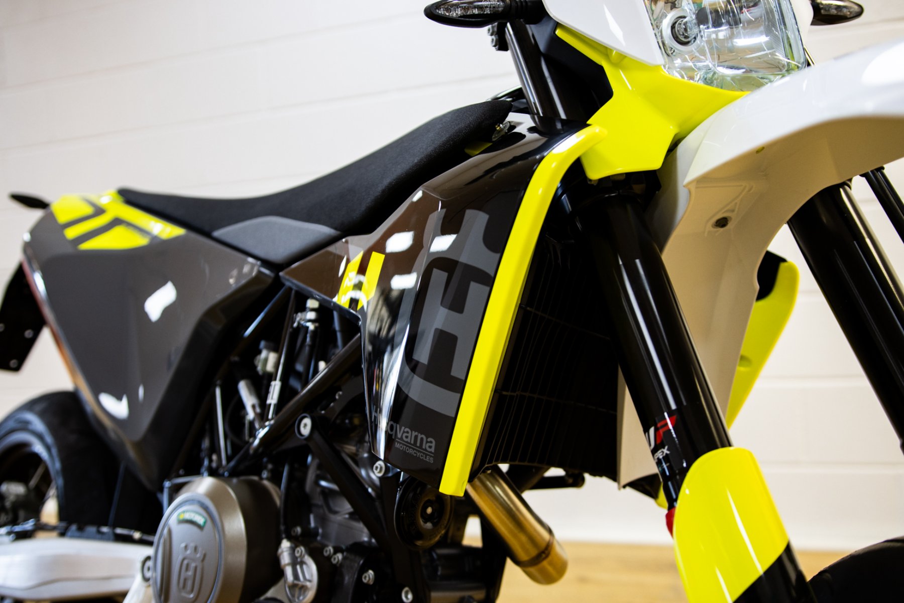 Motorcycle wheel and tyre detail.