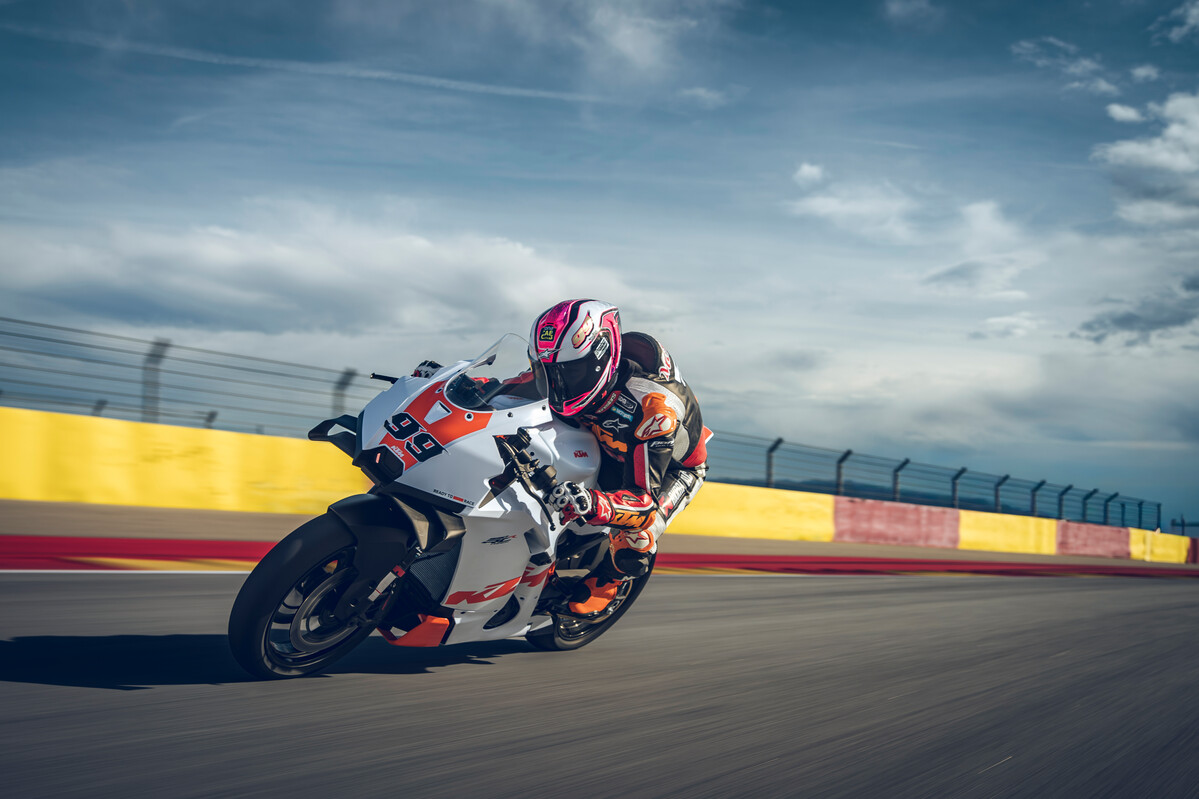 Sport motorcycle in a track-style action shot.